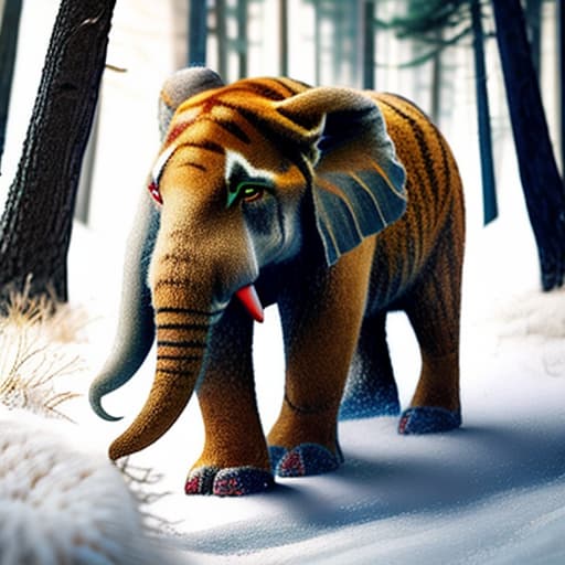 woolitize tiger in forest attacking on a elephant hyperrealistic, full body, detailed clothing, highly detailed, cinematic lighting, stunningly beautiful, intricate, sharp focus, f/1. 8, 85mm, (centered image composition), (professionally color graded), ((bright soft diffused light)), volumetric fog, trending on instagram, trending on tumblr, HDR 4K, 8K