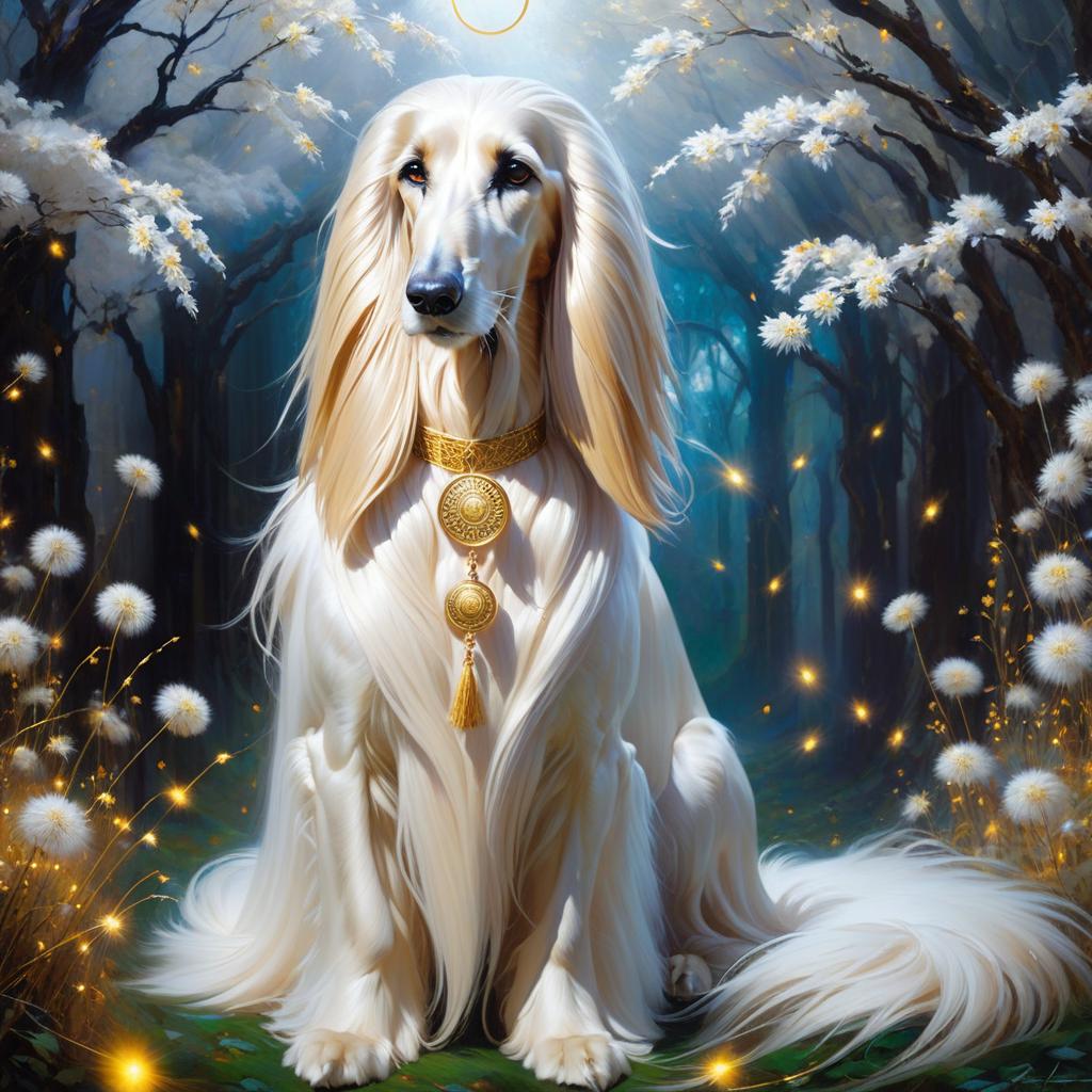  concept art Oil painting impasto. Gorgeous correct, realistic afghan hound. Beautiful, majestic, mystical, epic appearance:: detailed white fur. Background:: surreal abstract with runic circle, thin vines, dandelion and fantastic golden blossoms. Glowing signs and sparkling particles. Detailed detailing. Stylistics: fairy tale, dream, fantasy, modern. In the style of Nikolai Feshin, Pino Daeni, Daniel Gerhartz . digital artwork, illustrative, painterly, matte painting, highly detailed hyperrealistic, full body, detailed clothing, highly detailed, cinematic lighting, stunningly beautiful, intricate, sharp focus, f/1. 8, 85mm, (centered image composition), (professionally color graded), ((bright soft diffused light)), volumetric fog, trending on instagram, trending on tumblr, HDR 4K, 8K