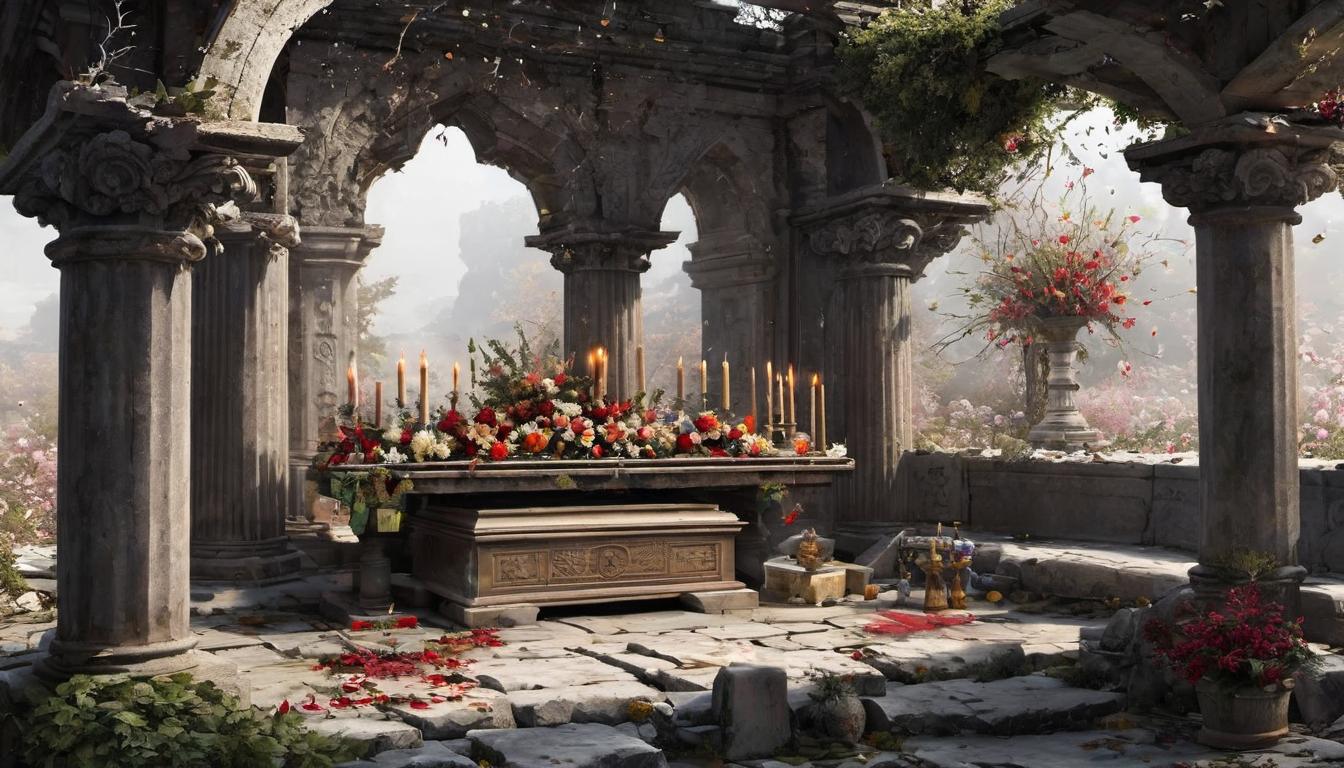  digital illustration, An ancient altar, broken and desecrated, surrounded by neglected offerings and withered flowers, representing the broken foundation of family, cold and dismal, looking at viewer, dynamic pose, (intricate details, masterpiece, best quality)