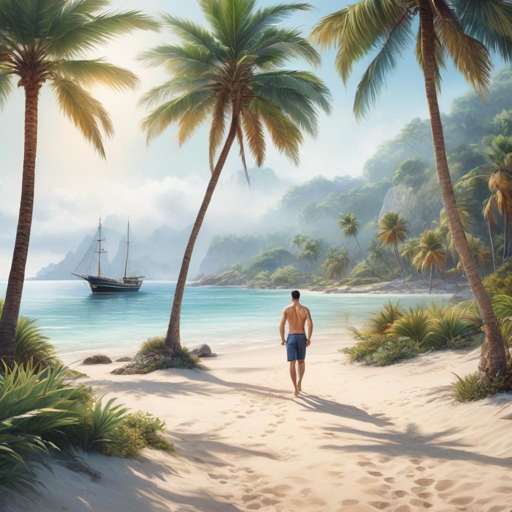  Marine coast, yacht, palm trees, a cute boy runs along the shore, waving his hand, drawing a picture with watercolor. hyperrealistic, full body, detailed clothing, highly detailed, cinematic lighting, stunningly beautiful, intricate, sharp focus, f/1. 8, 85mm, (centered image composition), (professionally color graded), ((bright soft diffused light)), volumetric fog, trending on instagram, trending on tumblr, HDR 4K, 8K