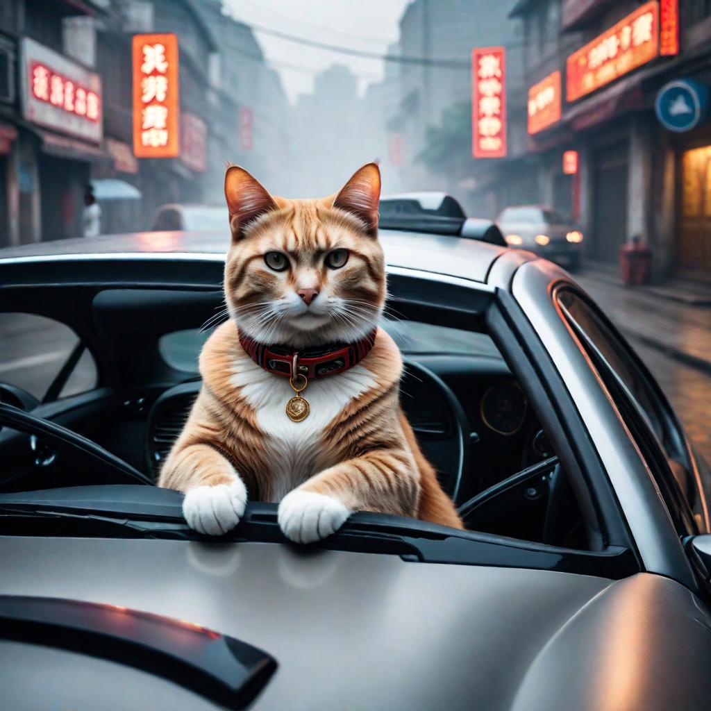  A cat is driving a car in Wuhan. hyperrealistic, full body, detailed clothing, highly detailed, cinematic lighting, stunningly beautiful, intricate, sharp focus, f/1. 8, 85mm, (centered image composition), (professionally color graded), ((bright soft diffused light)), volumetric fog, trending on instagram, trending on tumblr, HDR 4K, 8K