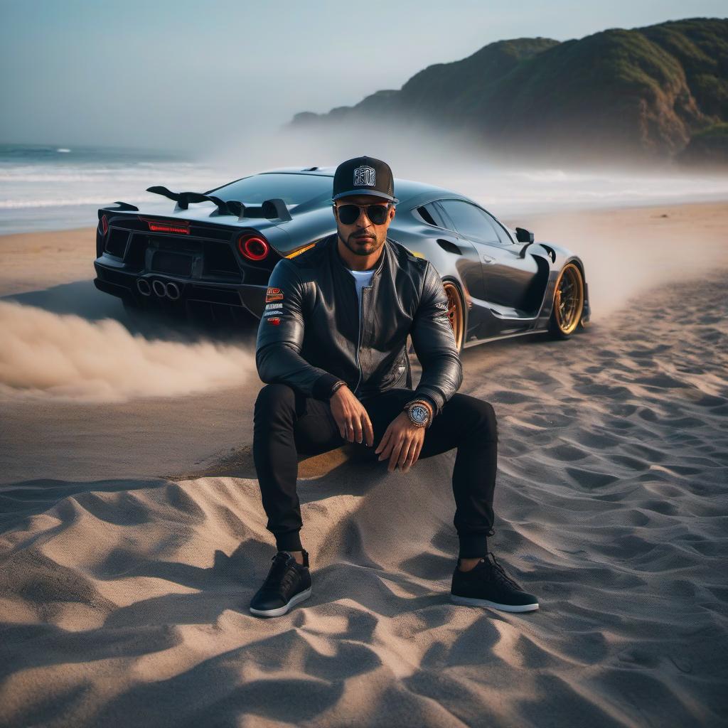  A in a cap and sungles next to a street racing car at the beach. hyperrealistic, full body, detailed clothing, highly detailed, cinematic lighting, stunningly beautiful, intricate, sharp focus, f/1. 8, 85mm, (centered image composition), (professionally color graded), ((bright soft diffused light)), volumetric fog, trending on instagram, trending on tumblr, HDR 4K, 8K