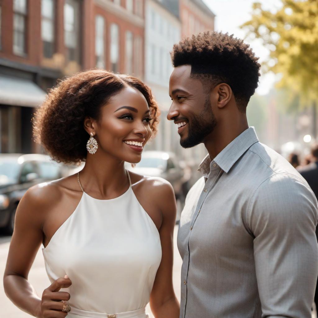  A series of scenes illustrating how to gain attraction from a woman who hasn't had good luck with men, featuring African American couples. 1. **Be Genuinely Caring and Supportive:** An African American couple sitting down, the man listening intently as the woman shares her thoughts. 2. **Be Patient and Respectful:** Scene of the African American couple walking at a leisurely pace, giving each other space. 3. **Show Consistency and Reliability:** The African American man arriving on time with a smile and handshake, and the woman looking pleased. 4. **Build a Genuine Connection:** The African American couple engaged in an activity they both enjoy, such as cooking together or playing a board game. 5. **Show Appreciation and Respect:** hyperrealistic, full body, detailed clothing, highly detailed, cinematic lighting, stunningly beautiful, intricate, sharp focus, f/1. 8, 85mm, (centered image composition), (professionally color graded), ((bright soft diffused light)), volumetric fog, trending on instagram, trending on tumblr, HDR 4K, 8K