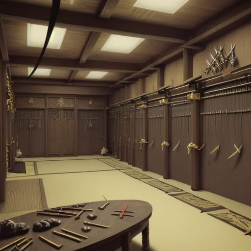  80's fantasy art, A medieval dojo's weapon room, filled with various types of weapons such as katanas, wakizashi, kunai, shuriken, staffs, nunchaku, bows, arrows, kusarigama, blowguns, and daggers. The room is organized and well-lit, with weapon racks along the walls. Two skilled guards are present, ensuring the security of the area. The atmosphere is serious and disciplined, with a clear emphasis on martial tradition.