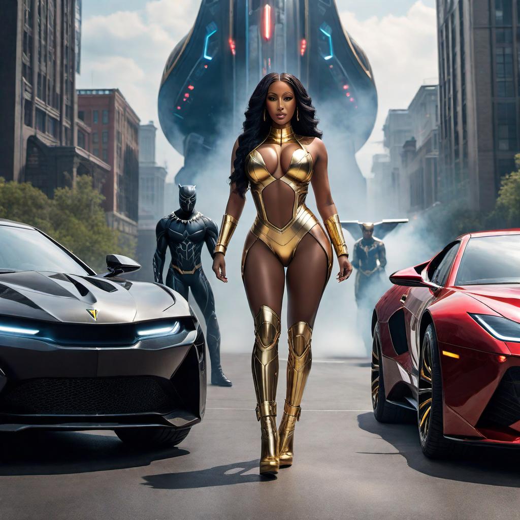  A powerful and beautiful Black woman with a curvy body like Cardi B, featuring real gold hair, real gold eyes, and a golden skin complexion. She is a goddess with the power to drain and reuse energy. She is dressed in a futuristic outfit and rides a hoverboard. She holds laser whips and guns, surrounded by high-tech weapons and vehicles powered by energy. She is actively drawing energy from her enemies, killing them by taking their energy. She is engaged in an epic battle with another equally powerful god in a futuristic city. Standing in the background is her team: her boyfriend, the black panther (Tech), who is a genius and the captain of the Air Force and the lead scientist; her best friend, Lyon, who is incredibly fast and the captain o hyperrealistic, full body, detailed clothing, highly detailed, cinematic lighting, stunningly beautiful, intricate, sharp focus, f/1. 8, 85mm, (centered image composition), (professionally color graded), ((bright soft diffused light)), volumetric fog, trending on instagram, trending on tumblr, HDR 4K, 8K