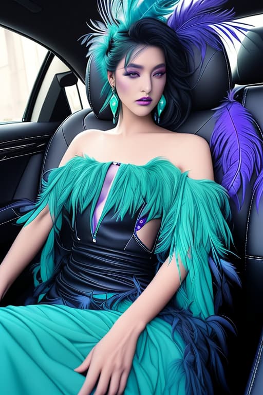  interior car with black leather seats with small purple accent, on front and wheel seat sitting a lady character design, feathers top and long dress made with purple, dark blue green, turquoise