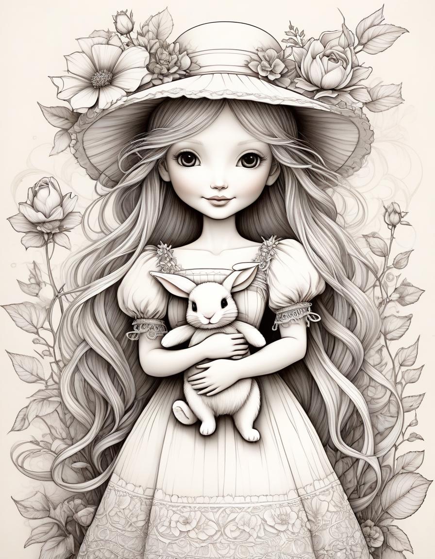  by (Wendy Froud). Anna Silivonchik, coloring style, black and white illustration, line art. {a smiling doll in the TILDA style holds in her hands a soft toy bunny in the style of a Teddy bear, short wavy hair, a straw hat decorated with large flowers and ribbons on her head, dressed in a light summer sundress with flounces and lace, rose flowers in the background}, good detail, central location, zentangle. well drawn details. beautiful flowers, by Wendy Froud, hyperrealistic, full body, detailed clothing, highly detailed, cinematic lighting, stunningly beautiful, intricate, sharp focus, f/1. 8, 85mm, (centered image composition), (professionally color graded), ((bright soft diffused light)), volumetric fog, trending on instagram, trending on tumblr, HDR 4K, 8K