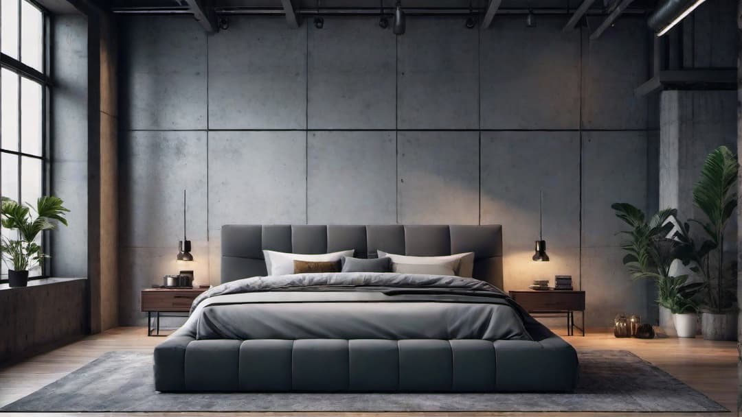  Create an image of an industrial chic bedroom with a monochromatic color scheme. The central element should be a bold, dark industrial bed frame against light grey walls. Incorporate minimalist decor like a geometric bedside table and a contemporary industrial headboard. The overall vibe should convey sophistication and urban style, ideal for a sleek and edgy industrial inspired bedroom design. hyperrealistic, full body, detailed clothing, highly detailed, cinematic lighting, stunningly beautiful, intricate, sharp focus, f/1. 8, 85mm, (centered image composition), (professionally color graded), ((bright soft diffused light)), volumetric fog, trending on instagram, trending on tumblr, HDR 4K, 8K