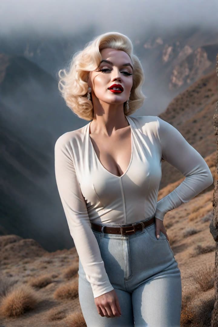  Marilyn Monroe shoulders above ground hyperrealistic, full body, detailed clothing, highly detailed, cinematic lighting, stunningly beautiful, intricate, sharp focus, f/1. 8, 85mm, (centered image composition), (professionally color graded), ((bright soft diffused light)), volumetric fog, trending on instagram, trending on tumblr, HDR 4K, 8K