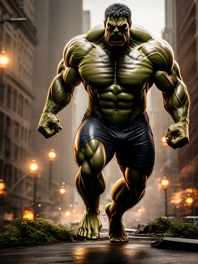  hulk hyperrealistic, full body, detailed clothing, highly detailed, cinematic lighting, stunningly beautiful, intricate, sharp focus, f/1. 8, 85mm, (centered image composition), (professionally color graded), ((bright soft diffused light)), volumetric fog, trending on instagram, trending on tumblr, HDR 4K, 8K