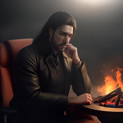  Draw the most realistic man, sitting in an office, near him are his subordinates. All workers and bosses are sitting around a fire and grilling fish., shot 35 mm, realism, octane render, 8k, trending on artstation, 35 mm camera, unreal engine, hyper detailed, photo realistic maximum detail, volumetric light, realistic matte painting, hyper photorealistic, trending on artstation, ultra detailed, realistic hyperrealistic, full body, detailed clothing, highly detailed, cinematic lighting, stunningly beautiful, intricate, sharp focus, f/1. 8, 85mm, (centered image composition), (professionally color graded), ((bright soft diffused light)), volumetric fog, trending on instagram, trending on tumblr, HDR 4K, 8K