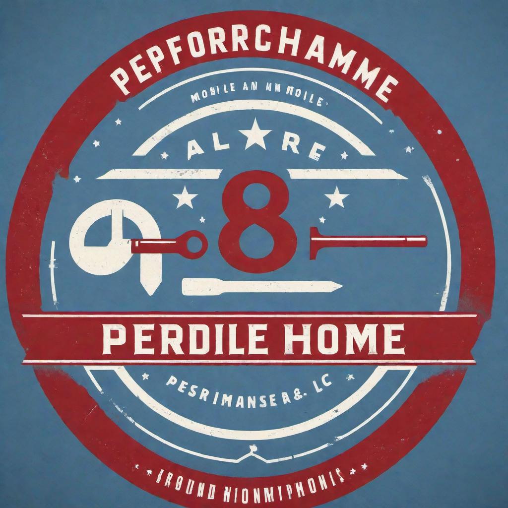  Vintage style logo for a residential handyman business named 'Performance Mobile Homes and More LLC'. The logo should primarily use the colors red, white, and blue. It should include vintage handyman elements and be eye-catching. Icons or symbols could include tools such as wrenches, hammers, or screwdrivers, along with elements related to mobile homes like porches, vinyl siding, or plumbing. The font should match the vintage aesthetic. hyperrealistic, full body, detailed clothing, highly detailed, cinematic lighting, stunningly beautiful, intricate, sharp focus, f/1. 8, 85mm, (centered image composition), (professionally color graded), ((bright soft diffused light)), volumetric fog, trending on instagram, trending on tumblr, HDR 4K, 8K