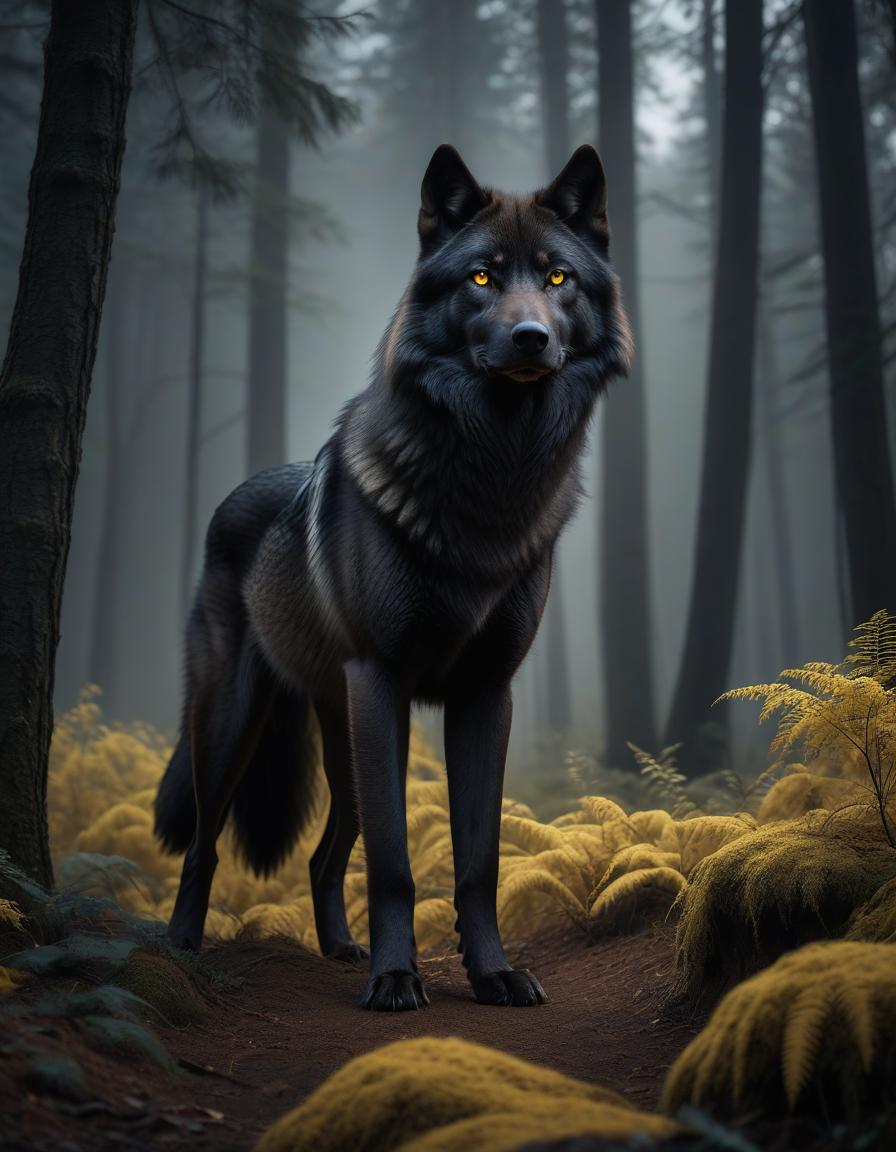  A huge black wolf full grown, bright yellow eyes, staring directly into your soul, night, forest, fantasy, hyperrealism, UHD. hyperrealistic, full body, detailed clothing, highly detailed, cinematic lighting, stunningly beautiful, intricate, sharp focus, f/1. 8, 85mm, (centered image composition), (professionally color graded), ((bright soft diffused light)), volumetric fog, trending on instagram, trending on tumblr, HDR 4K, 8K