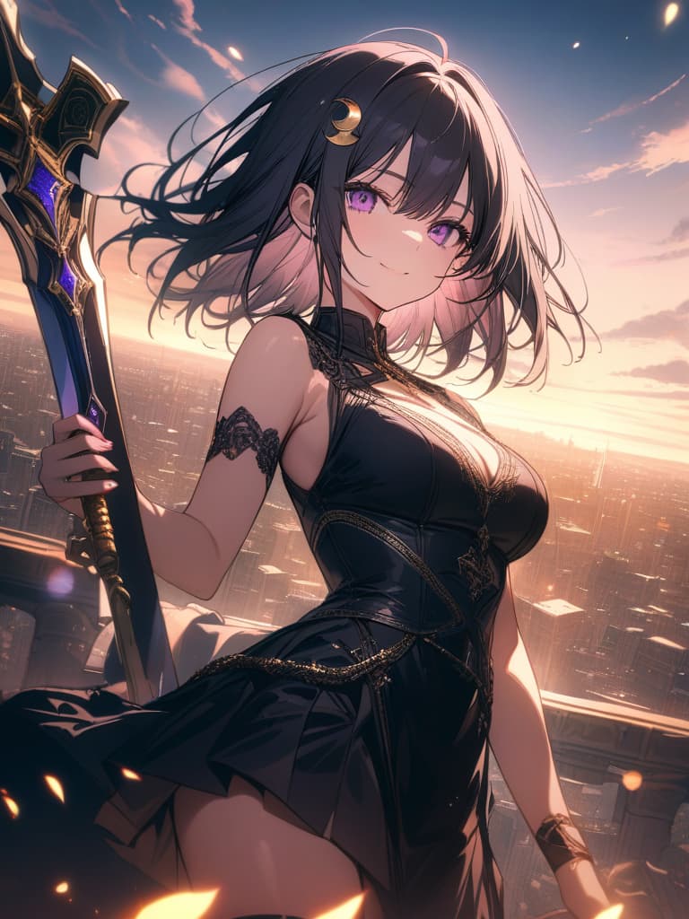  Holy sword,golden sword,burning city,smile,sword raised,golden light,Excalibur,cool girl,Black hair,(purple eyes),short,cropped hair,crescent moon hair ornament, masterpiece, best quality,8k,ultra detailed,high resolution,an extremely delicate and beautiful,hyper detail