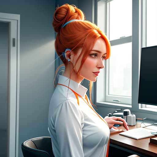  A bright white office with light blue and orange tones. In the foreground, there is a woman with chestnut hair gathered in a bun. She looks at us and smiles. She is wearing earphones with a microphone for support work. hyperrealistic, full body, detailed clothing, highly detailed, cinematic lighting, stunningly beautiful, intricate, sharp focus, f/1. 8, 85mm, (centered image composition), (professionally color graded), ((bright soft diffused light)), volumetric fog, trending on instagram, trending on tumblr, HDR 4K, 8K