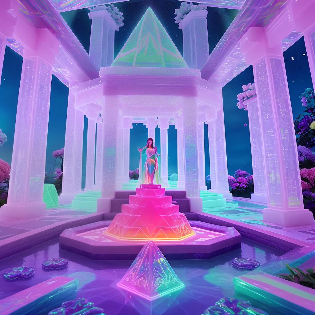  a floating temple made of neon jelly, surrounded by levitating glass pyramids, druids in holographic robes chanting around a kaleidoscopic obelisk, vaporwave garden beds