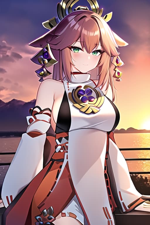  brunette￼ green eyes super fit,(yae miko:1.3), (masterpiece), (highest quality), (intricate), (high detail),Sunset, sunset behind her, sunset background, masterpiece, best quality, high quality, solo