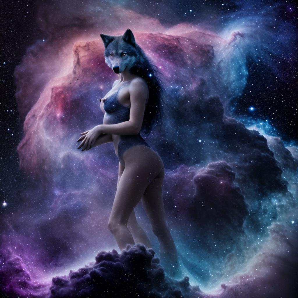  an ethereal and haunting wolf stalking prey made of stardust in a cosmic setting surrounded by a nebula