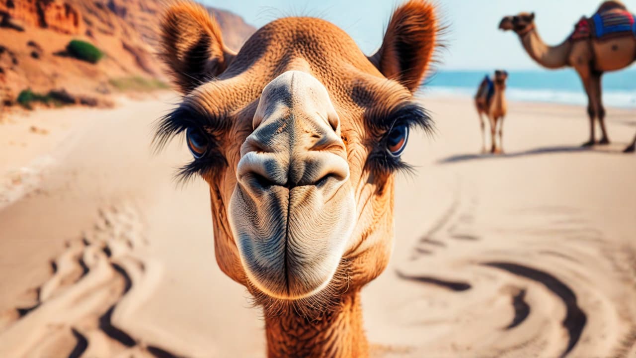  best quality, HD, Beach summer panoramic background with big eye cute Camel on the sand