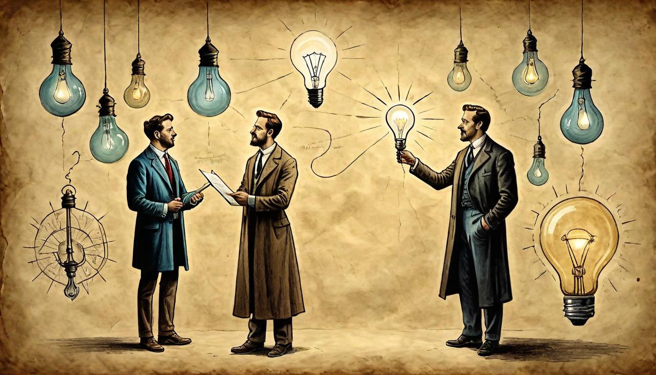  on parchment, surrealism+++, discussion with lightbulbs around, two people talking, solution focused, bright ideas, collaborative(mysterious, provocative, symbolic,muted color)+++