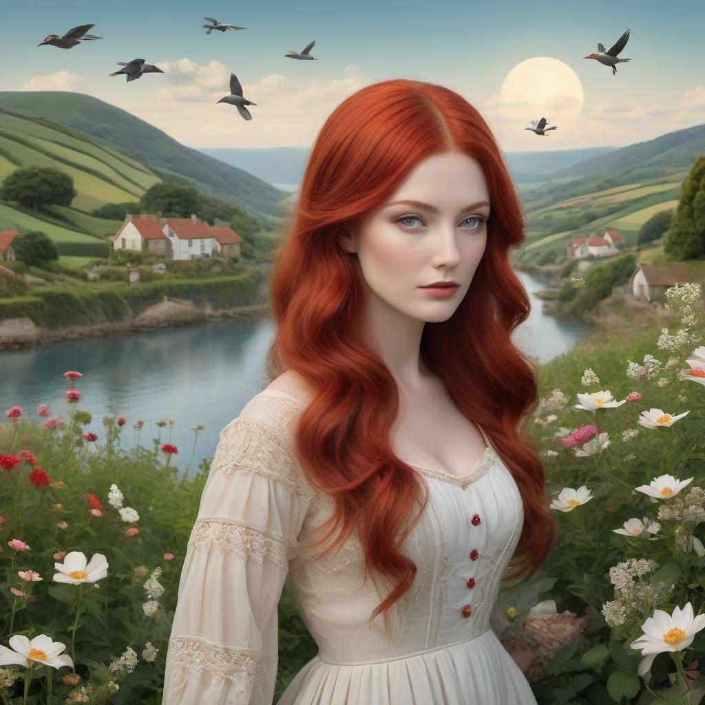  nautical themed "Girl standing standing in front of rolling hills of fields and hedges, and a quaint village nestled in the valley. She has red hair and is wearing her patchwork best, and is totally in harmony with her environment. woman holding the cosmos in her hands, calm, her hair fluttering full of birds, in the background is the universe full of birds, flowers and boats in Surreal artisanal hallucinations made entirely of Sun and Moon, highly detailed, fairytale, Dee Nickerson, elegant, sharp focus, 8 k, octane render" . sea, ocean, ships, maritime, beach, marine life, highly detailed hyperrealistic, full body, detailed clothing, highly detailed, cinematic lighting, stunningly beautiful, intricate, sharp focus, f/1. 8, 85mm, (centered image composition), (professionally color graded), ((bright soft diffused light)), volumetric fog, trending on instagram, trending on tumblr, HDR 4K, 8K