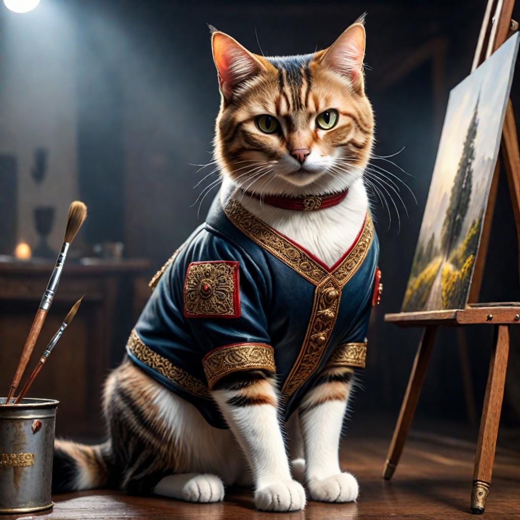  A cat is painting. hyperrealistic, full body, detailed clothing, highly detailed, cinematic lighting, stunningly beautiful, intricate, sharp focus, f/1. 8, 85mm, (centered image composition), (professionally color graded), ((bright soft diffused light)), volumetric fog, trending on instagram, trending on tumblr, HDR 4K, 8K