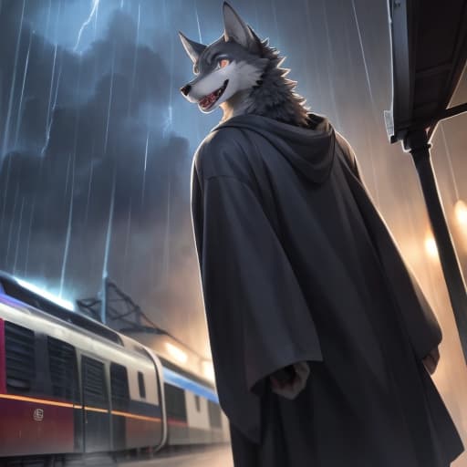  masterpiece, best quality, perfect anatomy, bright eyes, watery eyes, by t.y.stars, by null ghost, by k0bit0wani, furry, wolf, (felis:0.25), female,solo, baggy clothing, (open smile:1.1), gentle, looking at viewer, train station, rain, (waterdrop:0.9), grey sky, raining, (fog:0.4), detailed background hyperrealistic, full body, detailed clothing, highly detailed, cinematic lighting, stunningly beautiful, intricate, sharp focus, f/1. 8, 85mm, (centered image composition), (professionally color graded), ((bright soft diffused light)), volumetric fog, trending on instagram, trending on tumblr, HDR 4K, 8K