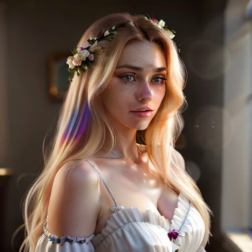  detailed and realistic portrait of a rapunzel maid with a few freckles, long blonde disheveled hairs, multicolor mesmerizing eyes, dark fluffy dress, soft natural lighting, portrait photography, magical photography, dramatic lighting, photo realism, ultra detailed, intimate portrait composition, flowers in background, Leica 50mm, f1. 4 hyperrealistic, full body, detailed clothing, highly detailed, cinematic lighting, stunningly beautiful, intricate, sharp focus, f/1. 8, 85mm, (centered image composition), (professionally color graded), ((bright soft diffused light)), volumetric fog, trending on instagram, trending on tumblr, HDR 4K, 8K