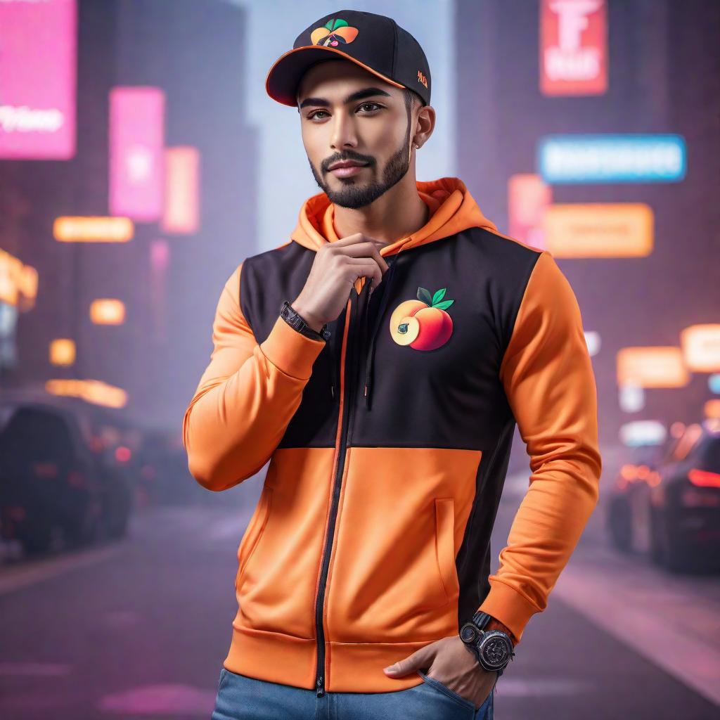  Create a TikTok profile picture for a male streamer named Peach_Clipz. The design should be modern and vibrant, featuring colors like peach, orange, and purple. Include the name 'Peach_Clipz' prominently, with a gamer theme. Make it bold and eye-catching, suitable for a male audience. hyperrealistic, full body, detailed clothing, highly detailed, cinematic lighting, stunningly beautiful, intricate, sharp focus, f/1. 8, 85mm, (centered image composition), (professionally color graded), ((bright soft diffused light)), volumetric fog, trending on instagram, trending on tumblr, HDR 4K, 8K