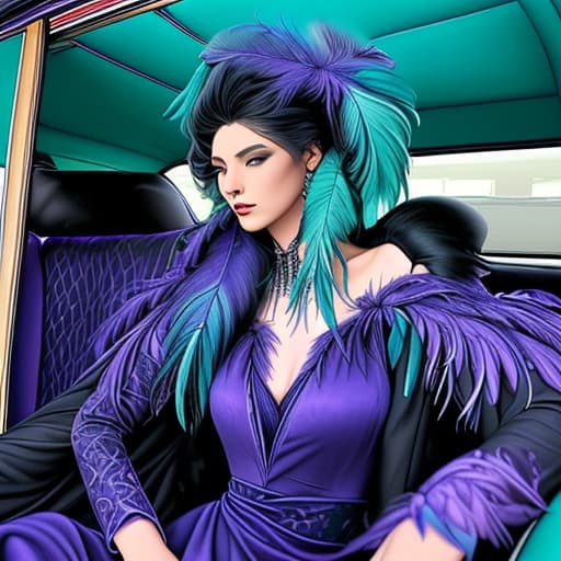  interior old car with black leather, and purple velvet accents with a lady character dress design with feathers top and long dress made bit purple, dark blue green, turquoise siting on the front seat