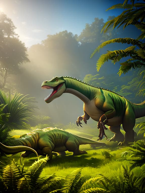  Dinosaur battle in a vast grassland amidst giant ferns in action style. hyperrealistic, full body, detailed clothing, highly detailed, cinematic lighting, stunningly beautiful, intricate, sharp focus, f/1. 8, 85mm, (centered image composition), (professionally color graded), ((bright soft diffused light)), volumetric fog, trending on instagram, trending on tumblr, HDR 4K, 8K