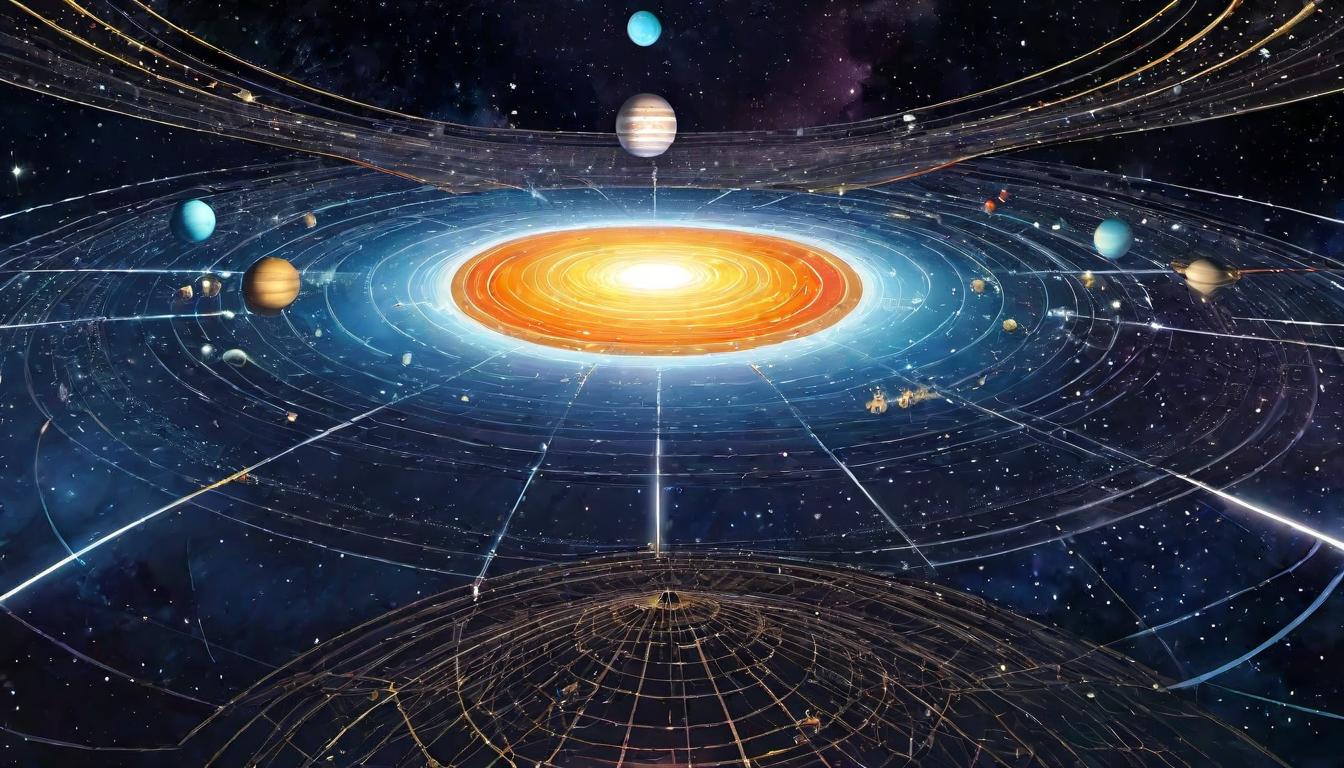  digital illustration, Celestial alignment of planets and stars, energy lines connecting them, figure at the center absorbing light, interconnected, cosmically supported, looking at viewer, dynamic pose, (intricate details, masterpiece, best quality)