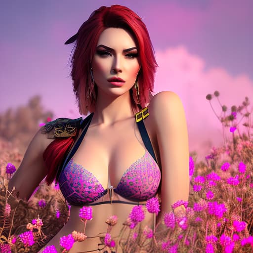 nvinkpunk woman, short hair, warrior, wearing g string, strapless bikini top, in a field of lotus flowers hyperrealistic, full body, detailed clothing, highly detailed, cinematic lighting, stunningly beautiful, intricate, sharp focus, f/1. 8, 85mm, (centered image composition), (professionally color graded), ((bright soft diffused light)), volumetric fog, trending on instagram, trending on tumblr, HDR 4K, 8K