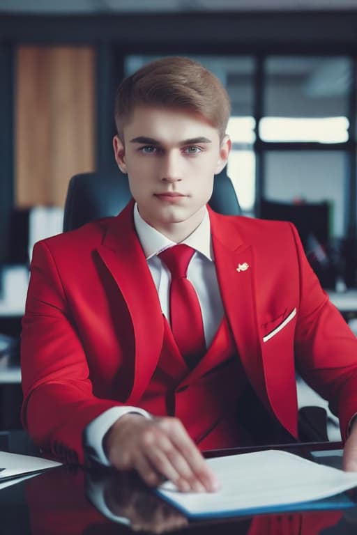  Cly handsome Russian boy in a red Official suit in the office, photo, cinematic