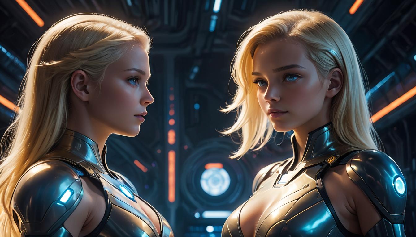  2girls, large busted attractive blonde arian female humanoids, facing each other, intense connection, glowing energy field around them, cosmic background, essential collaboration, high tech clothing clad in sleek, futuristic costume with metallic accents and form fitting designs, marvel superhero comics style, unreal engine rendering