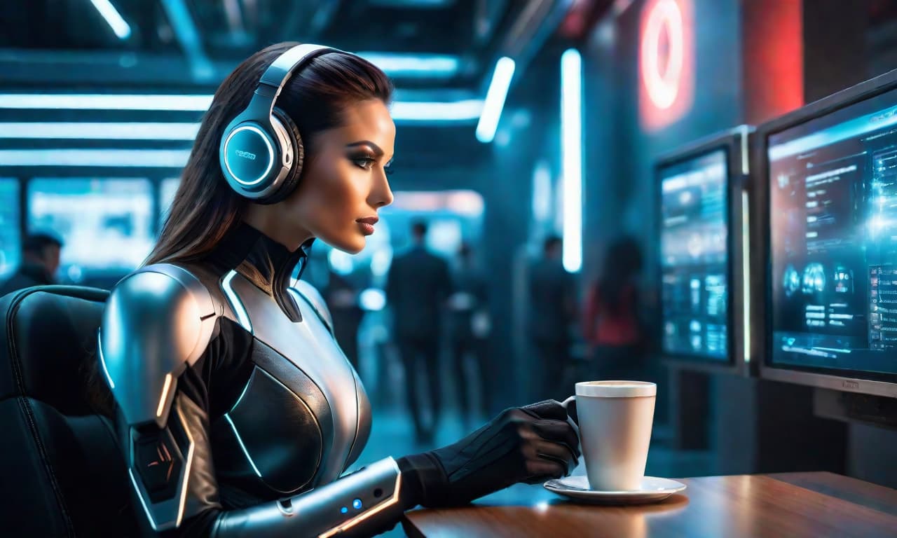  cybernetic style HDR photo of woman in a futuristic city, wearing headphones and a cybernetic suit, drinks a coffee while sitting at a table.extremely high resolution details, photographic, realism pushed to extreme, fine texture, incredibly lifelike,highly detailed background,16K . futuristic, technological, cybernetic enhancements, robotics, artificial intelligence themes, PERFECTEYES, Perfect Hands hyperrealistic, full body, detailed clothing, highly detailed, cinematic lighting, stunningly beautiful, intricate, sharp focus, f/1. 8, 85mm, (centered image composition), (professionally color graded), ((bright soft diffused light)), volumetric fog, trending on instagram, trending on tumblr, HDR 4K, 8K