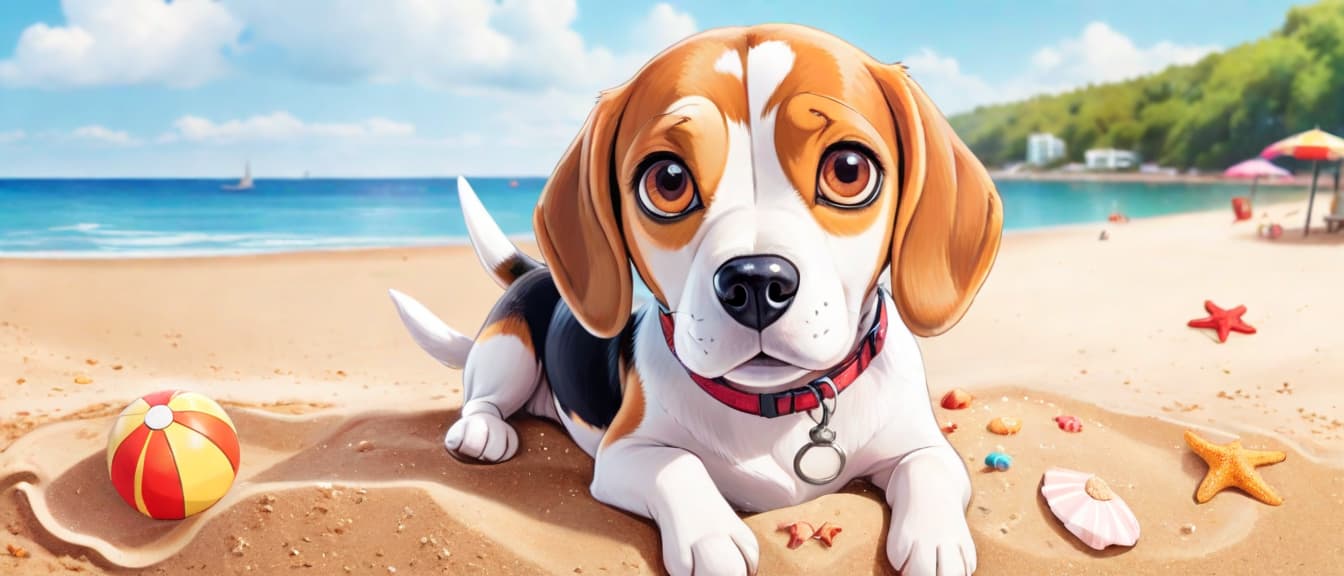  Beach summer panoramic background with big eye cute Beagle on the sand