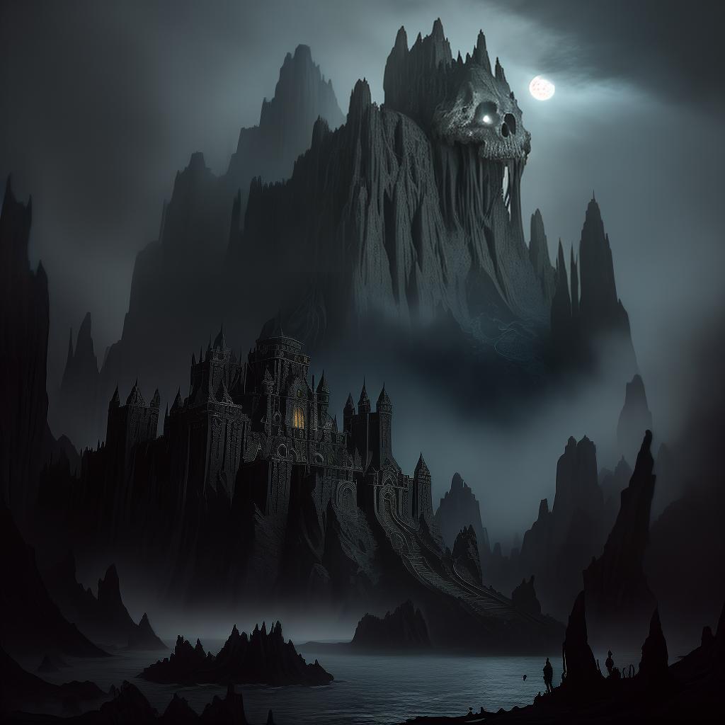  masterpiece, best quality, A hauntingly beautiful illustration of Skull Island, where a magnificent Skull Palace stands tall amidst the eerie landscape. The island is shrouded in mist, with jagged cliffs and dark, swirling waters surrounding it. The Skull Palace is adorned with intricate carvings, glowing with an ethereal light. The atmosphere is mysterious and foreboding, evoking a sense of both grandeur and danger. The style is a unique blend of gothic and fantasy, with rich colors and intricate details reminiscent of traditional wood engravings. The realization can be achieved through digital painting using a graphics tablet and software like Adobe Photoshop, allowing for precise control over the textures and lighting effects.