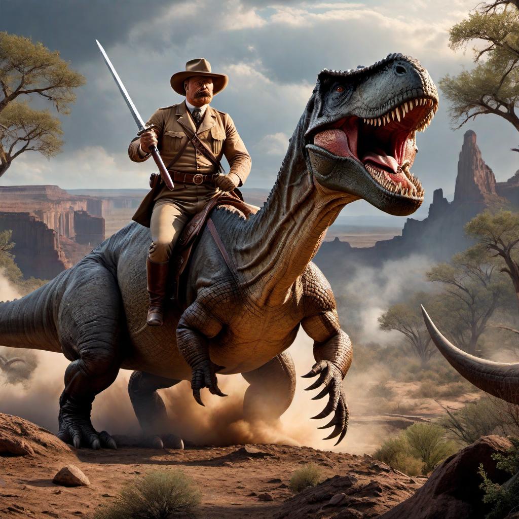  Theodore Roosevelt, dressed in his traditional Rough Rider uniform, heroically battling a large, fierce-looking dinosaur in a rugged, wild landscape. The scene is intense, with Roosevelt wielding a sword and the dinosaur looking equally ferocious. Roosevelt should look determined and courageous, with the background showing elements of nature like rocky terrain, some trees, and a dramatic sky. hyperrealistic, full body, detailed clothing, highly detailed, cinematic lighting, stunningly beautiful, intricate, sharp focus, f/1. 8, 85mm, (centered image composition), (professionally color graded), ((bright soft diffused light)), volumetric fog, trending on instagram, trending on tumblr, HDR 4K, 8K