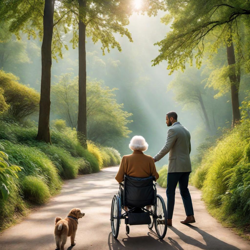  A heartwarming scene showing a man pushing an elderly woman in a wheelchair along a scenic path. Below them, in the reflection of water, the image of a young lady pushing a baby boy in a stroller is visible. The landscape includes trees and soft greenery around the path. Utilize soft, warm colors and create a peaceful and serene atmosphere. The reflected scene mirrors the real-world setting but with roles reversed. hyperrealistic, full body, detailed clothing, highly detailed, cinematic lighting, stunningly beautiful, intricate, sharp focus, f/1. 8, 85mm, (centered image composition), (professionally color graded), ((bright soft diffused light)), volumetric fog, trending on instagram, trending on tumblr, HDR 4K, 8K