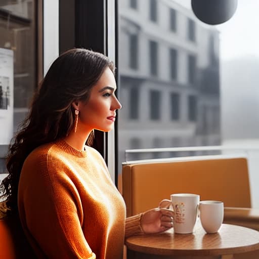  girl sitting in cafe her hair is brown and golden hour in her hair hyperrealistic, full body, detailed clothing, highly detailed, cinematic lighting, stunningly beautiful, intricate, sharp focus, f/1. 8, 85mm, (centered image composition), (professionally color graded), ((bright soft diffused light)), volumetric fog, trending on instagram, trending on tumblr, HDR 4K, 8K