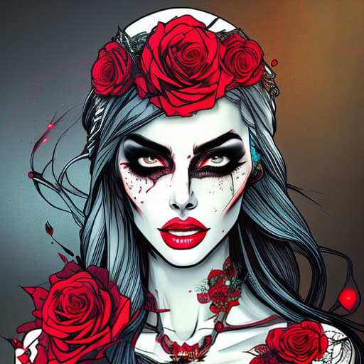 nvinkpunk white skull and red roses. sketch style. Dark bacground hyperrealistic, full body, detailed clothing, highly detailed, cinematic lighting, stunningly beautiful, intricate, sharp focus, f/1. 8, 85mm, (centered image composition), (professionally color graded), ((bright soft diffused light)), volumetric fog, trending on instagram, trending on tumblr, HDR 4K, 8K