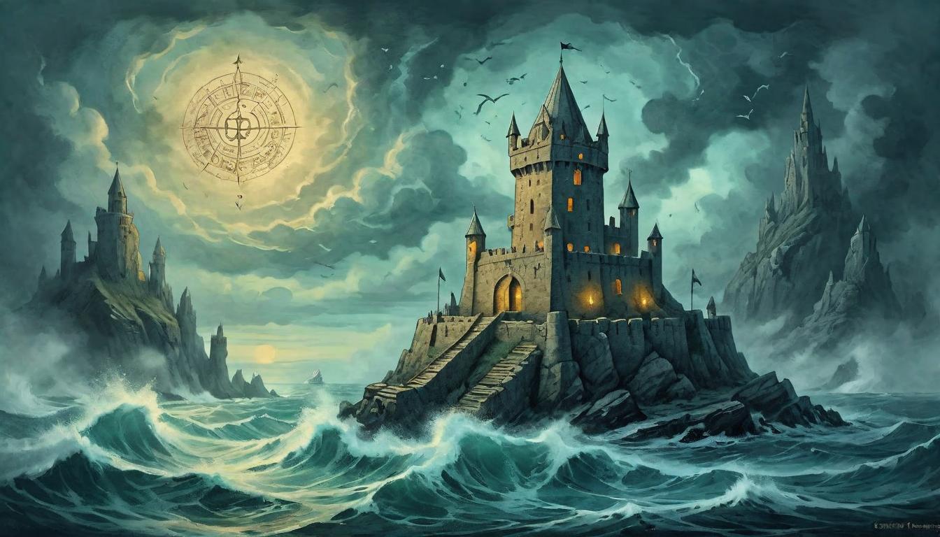  on parchment, surrealism+++, A fortified tower made of ancient stone, glowing runes, stands firm against a turbulent sea, symbol of true knowledge, resilience(mysterious, provocative, symbolic,muted color)+++