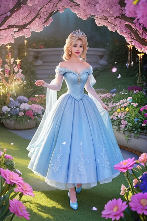  A highly detailed and realistic photo in the style of Disney, featuring a character resembling baby Cinderella. The image shows young Cinderella wearing a sparkling pink dress, surrounded by glowing flower.She is standing.The scene is illuminated with soft, mystical light, creating an enchanting and whimsical atmosphere. Cinderella's expression is filled with wonder and joy as she interacts with the flower. The background is softly blurred to keep the focus on Cinderella and the flower hyperrealistic, full body, detailed clothing, highly detailed, cinematic lighting, stunningly beautiful, intricate, sharp focus, f/1. 8, 85mm, (centered image composition), (professionally color graded), ((bright soft diffused light)), volumetric fog, trending on instagram, trending on tumblr, HDR 4K, 8K