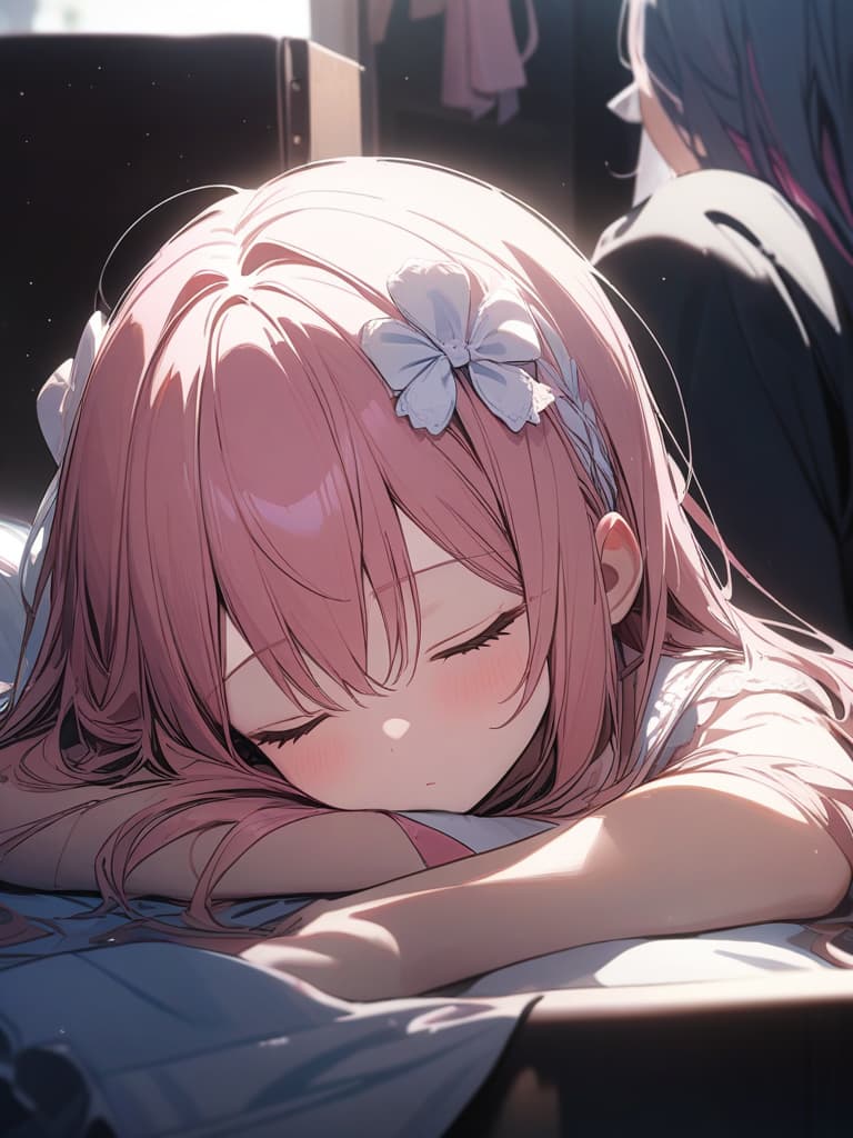  Girls, twin tails, white ribbon hair ornaments, long hair, sleeping, rabbit ears, pink hair, indoors, outside of the house, idols, sleeping, masterpiece, best quality,8k,ultra detailed,high resolution,an extremely delicate and beautiful,hyper detail