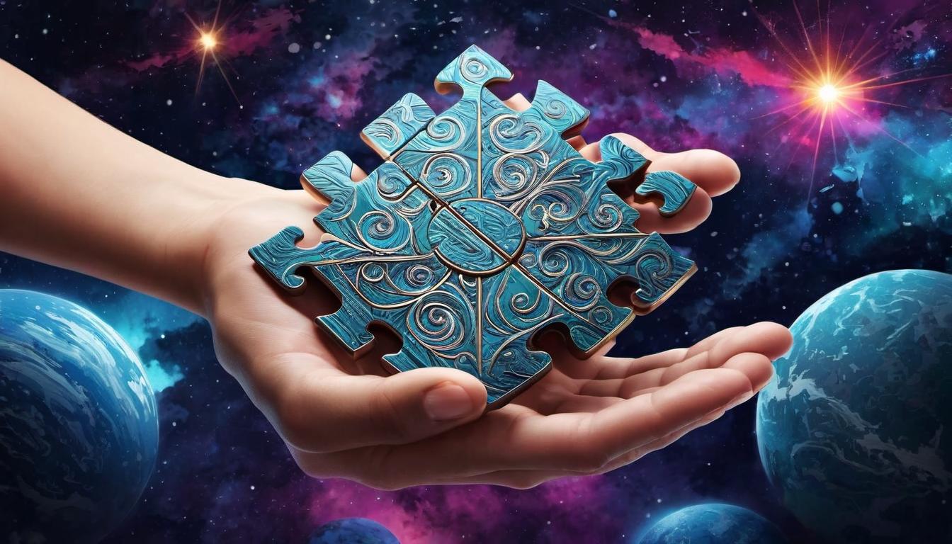  digital illustration Hands holding intricate puzzle pieces, symbolizing broader perspective, cosmic background, aligned solutions looking at viewer, dynamic pose, (intricate details, masterpiece, best quality)