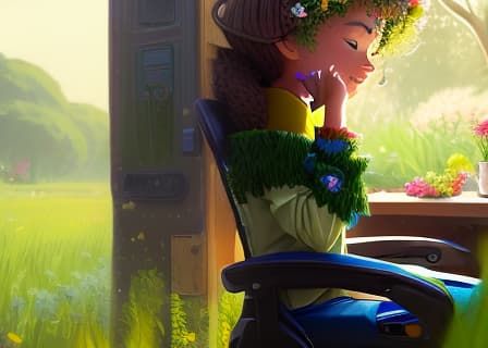  Closeup portrait of a person is sitting in a chair with their head resting on the arm rest . , happy background, grass skin, flowers, earth elemental, hair made of flora, nature character, pixar, disney, symmetrical, stylised, soft lighting, wlop, rossdraws, concept art, digital painting