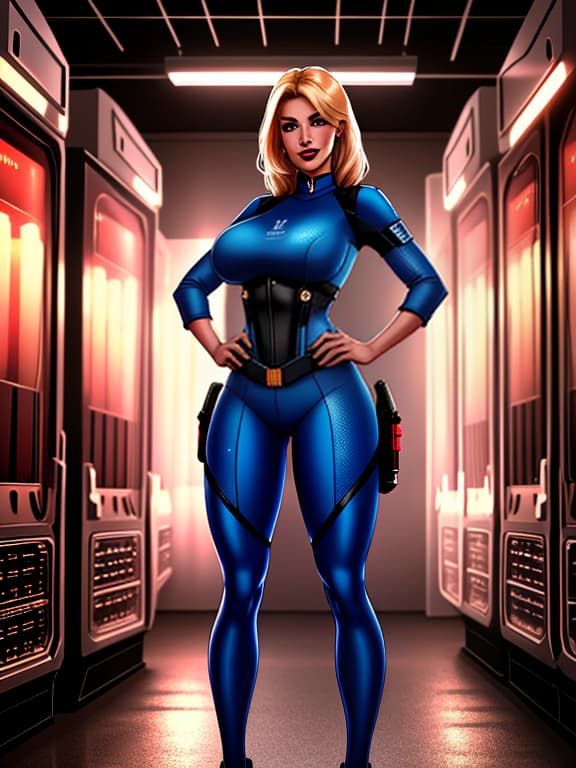  A from the Fallout game wearing a tight blue outfit with a lightning fastener, 4, poses in a bunker against the backdrop of a Nuka Cola vending machine, smiles, and has a pistol on her hip. The translation might not be perfect, as the original text has errors or ambiguities, but I tried to maintain the meaning and tone as much as possible. hyperrealistic, full body, detailed clothing, highly detailed, cinematic lighting, stunningly beautiful, intricate, sharp focus, f/1. 8, 85mm, (centered image composition), (professionally color graded), ((bright soft diffused light)), volumetric fog, trending on instagram, trending on tumblr, HDR 4K, 8K