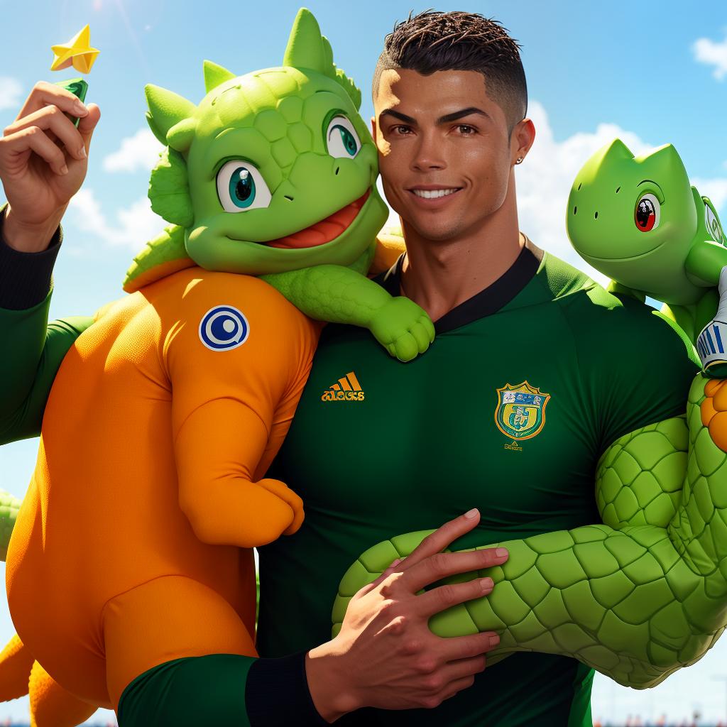  ronaldo holding crcodile like a football winning cup in his hand up
