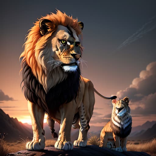  A majestic lion stands proudly in the savannah, but instead of its usual tawny fur, its entire body is covered in the sleek, black, and glossy texture of Venom's symbiote. The lion's powerful muscles are accentuated by the symbiote's tendrils and white spider-like patterns, creating a striking contrast with its piercing eyes. The background features a dramatic sunset, casting an eerie glow on this unique fusion of nature and alien symbiosis." This prompt should guide the AI to generate a full-body lion with Venom's signature appearance while keeping the setting and pose natural and regal. , hyperrealistic, high quality, highly detailed, perfect lighting, intricate, sharp focus, f/1. 8, 85mm, (centered image composition), (professionally